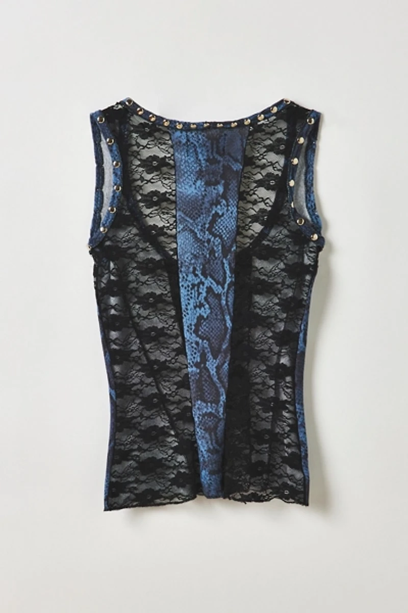 Vintage By My Grrl Snake Print + Sheer Lace Studded Tank Top
