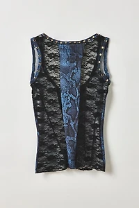 Vintage By My Grrl Snake Print + Sheer Lace Studded Tank Top