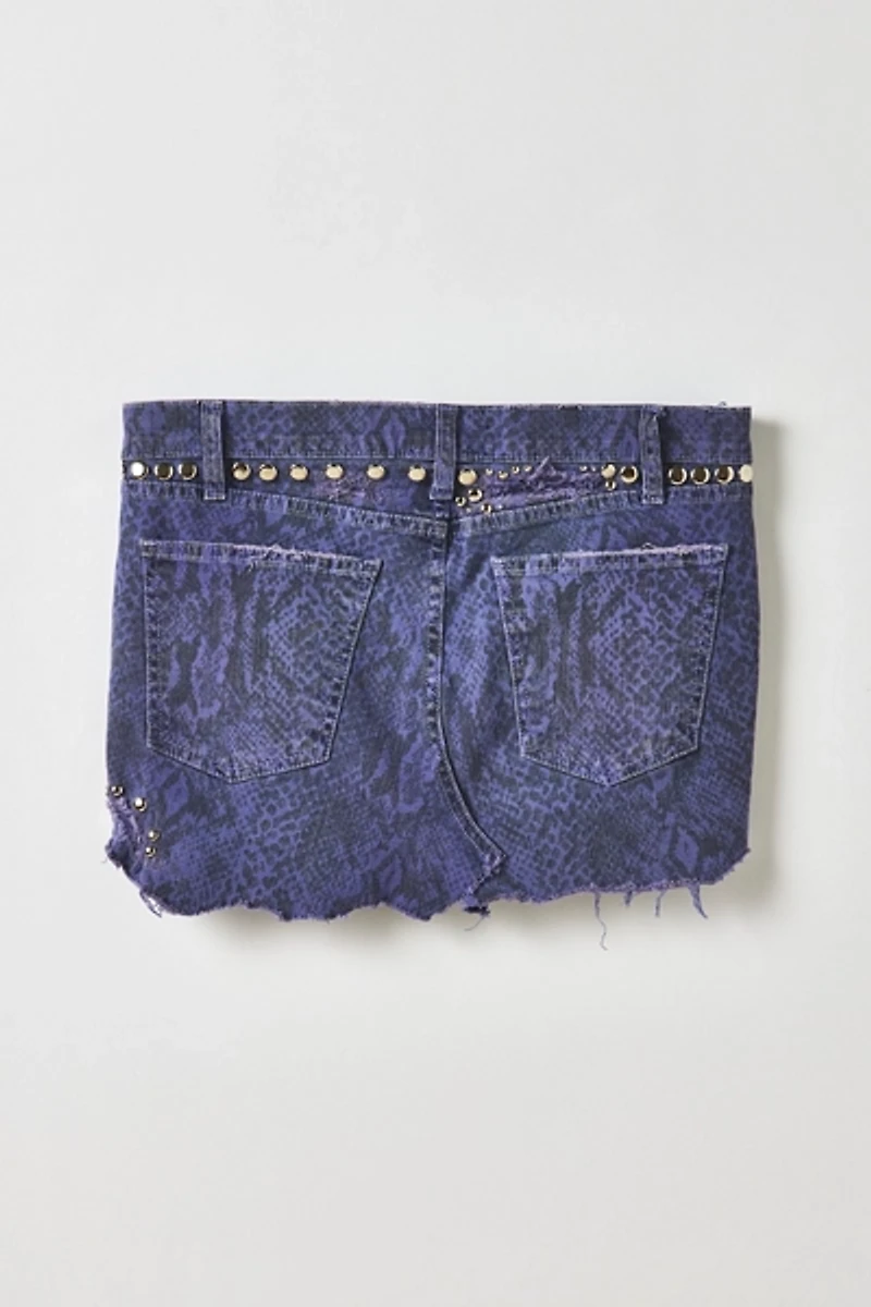 Vintage By My Grrl Snake Print Distressed Studded Denim Mini Skirt
