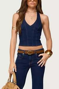 Edikted Jemima Contrast Stitch Denim Halter Top