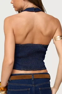 Edikted Jemima Contrast Stitch Denim Halter Top