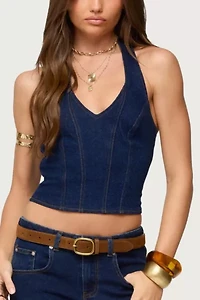 Edikted Jemima Contrast Stitch Denim Halter Top