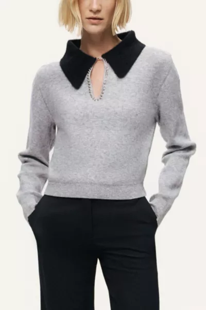 Nocturne Contrast Collar Keyhole Knit Sweater