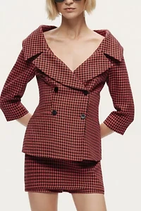 Nocturne Checked Portrait Collar Double-Breasted Top
