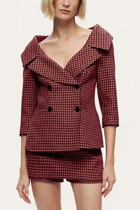 Nocturne Checked Portrait Collar Double-Breasted Top