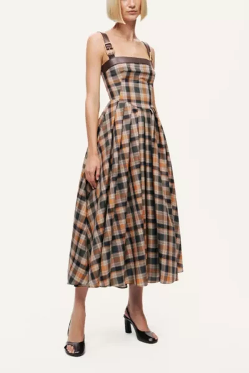 Nocturne Plaid Pleated Midi Dress