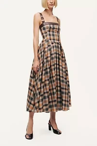 Nocturne Plaid Pleated Midi Dress