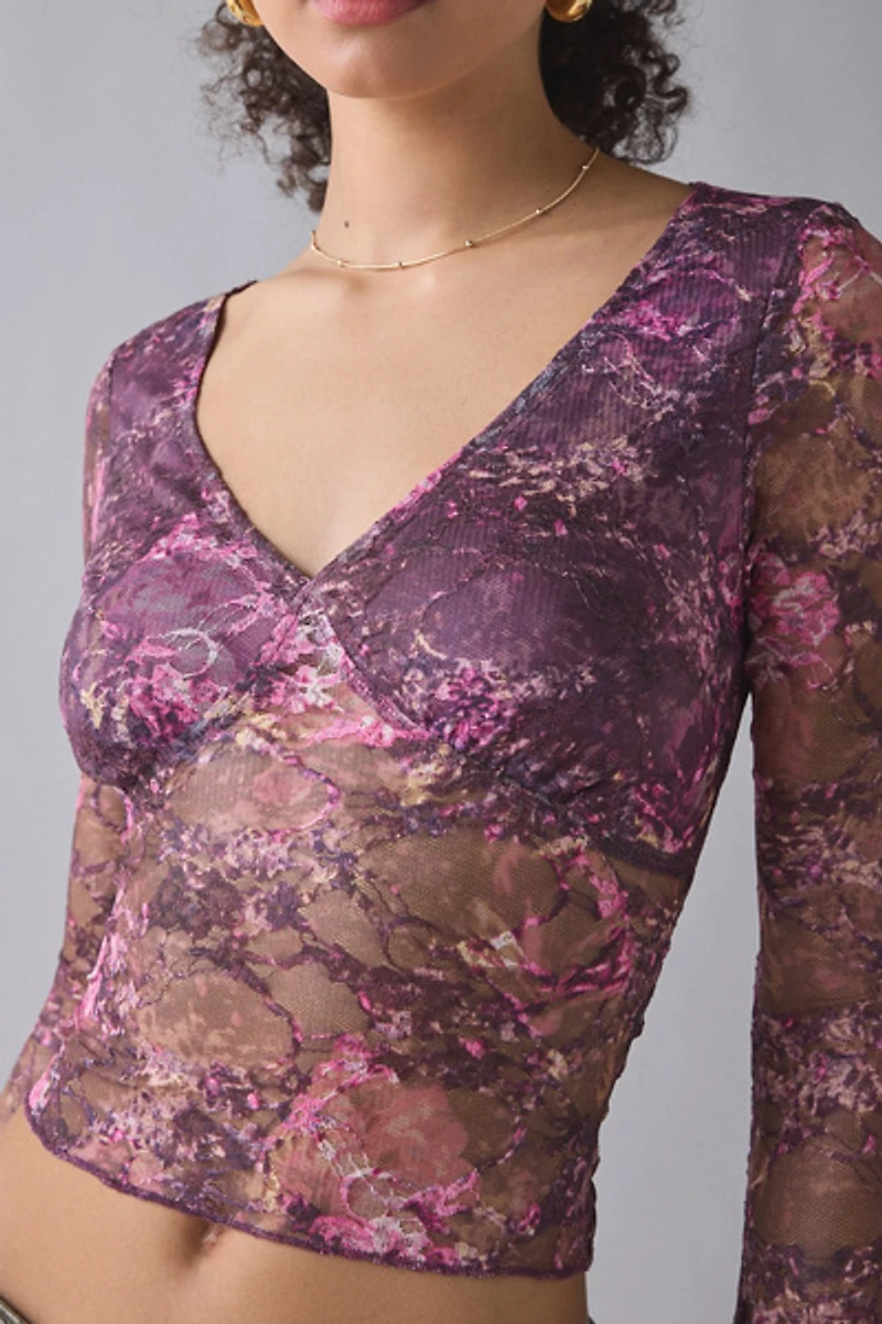 Motel Copriva Plunging Sheer Lace Long Sleeve Top