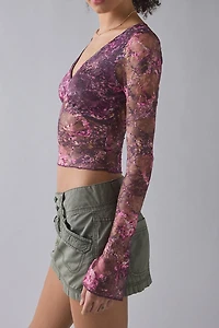 Motel Copriva Plunging Sheer Lace Long Sleeve Top