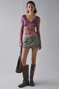 Motel Copriva Plunging Sheer Lace Long Sleeve Top