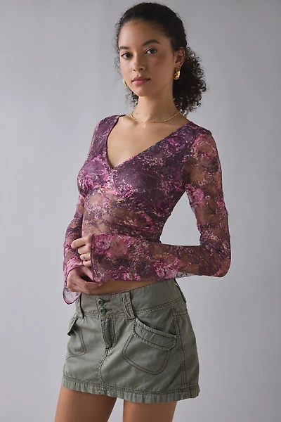 Motel Copriva Plunging Sheer Lace Long Sleeve Top