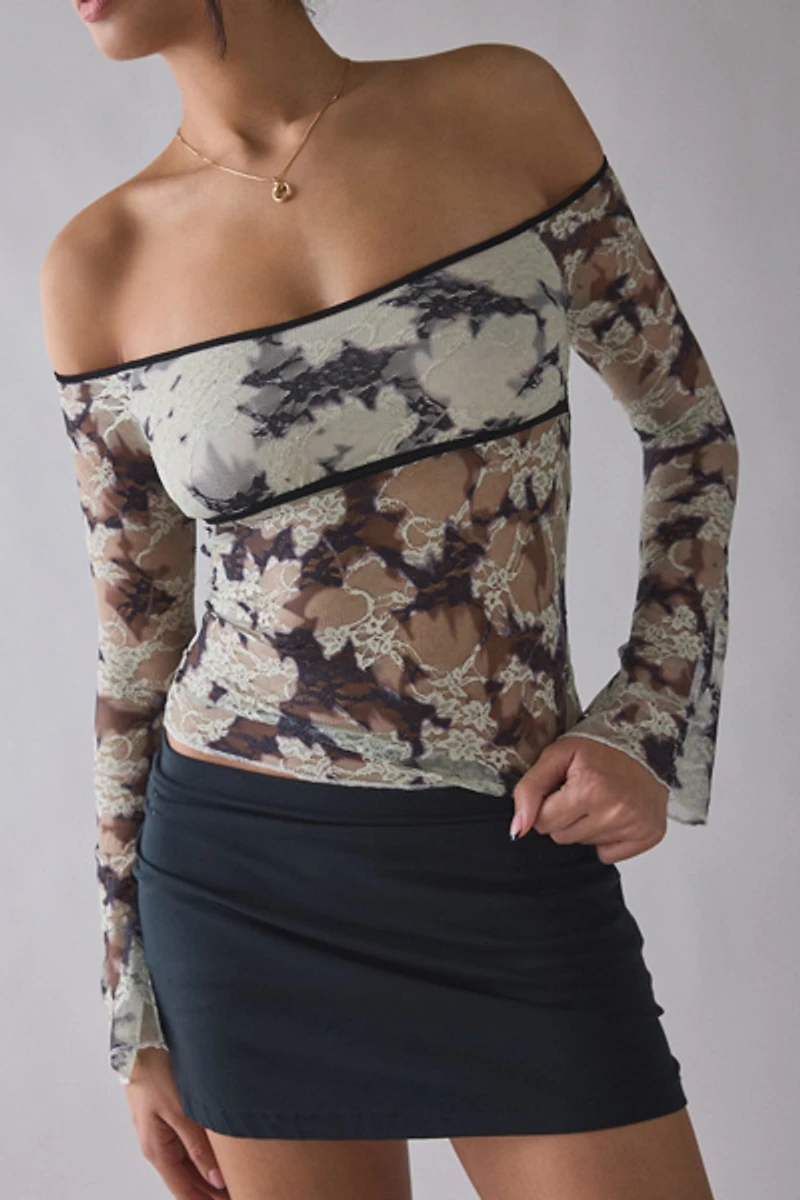 Motel Laluna Sheer Lace Long Sleeve Off-The-Shoulder Top