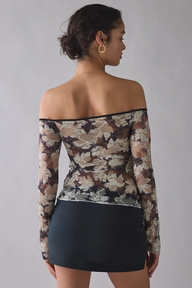 Motel Laluna Sheer Lace Long Sleeve Off-The-Shoulder Top