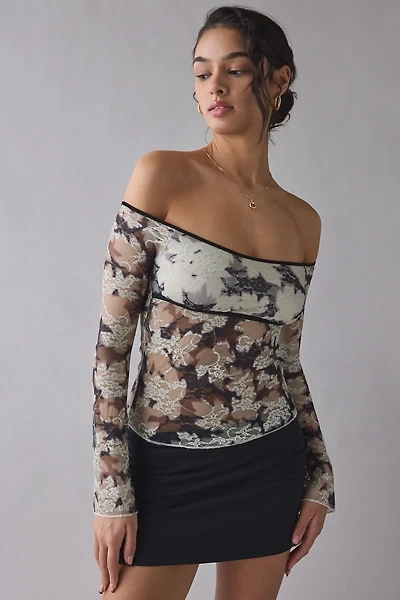 Motel Laluna Sheer Lace Long Sleeve Off-The-Shoulder Top
