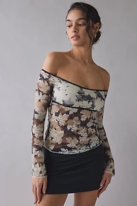 Motel Laluna Sheer Lace Long Sleeve Off-The-Shoulder Top