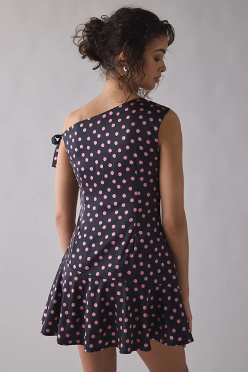 Motel Maribel Asymmetric One-Shoulder Polka Dot Mini Dress