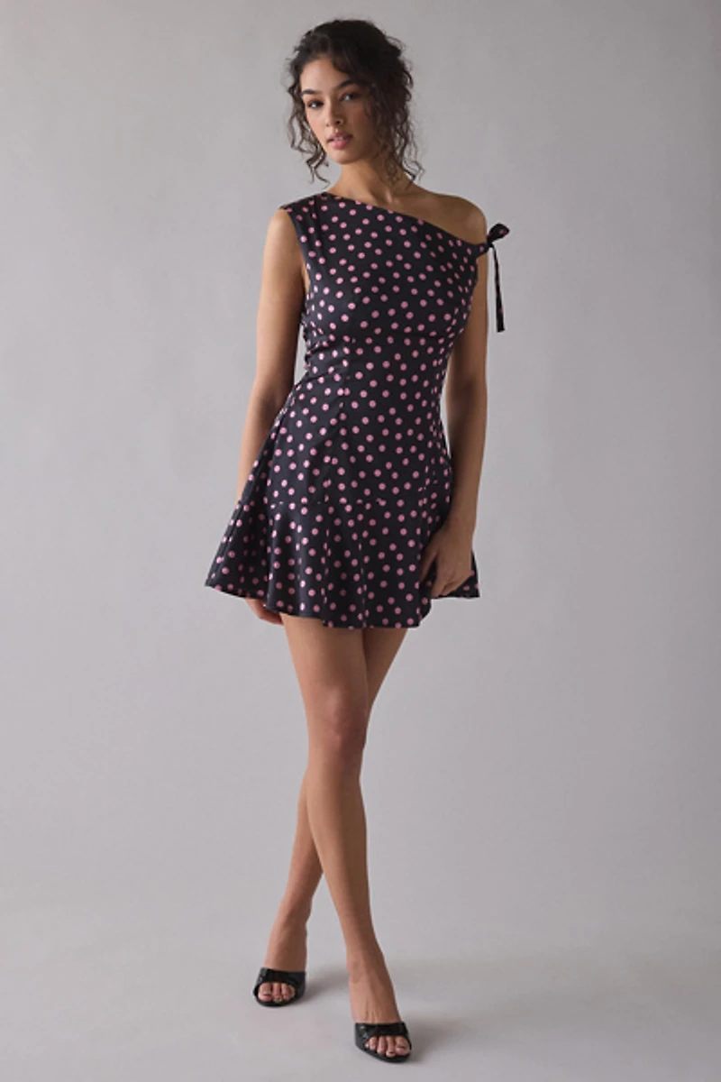 Motel Maribel Asymmetric One-Shoulder Polka Dot Mini Dress