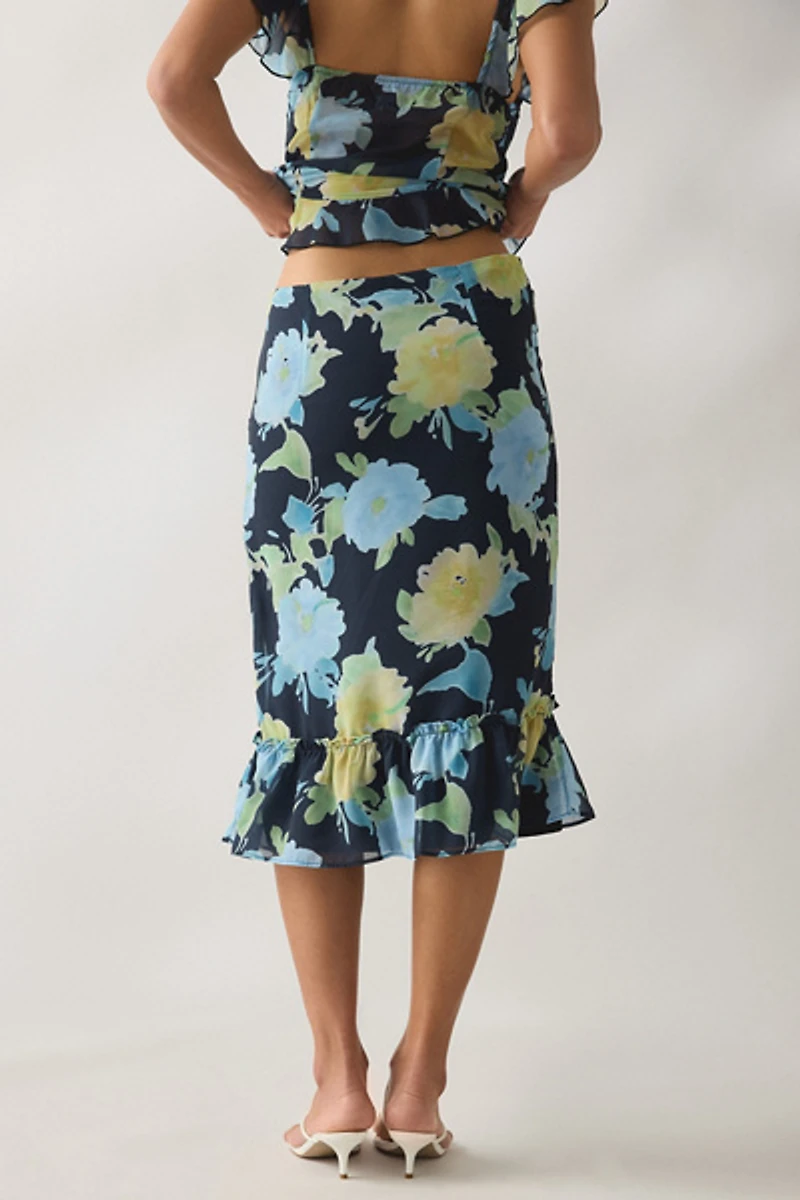 Motel Tarla Floral Chiffon Ruffle Midi Skirt