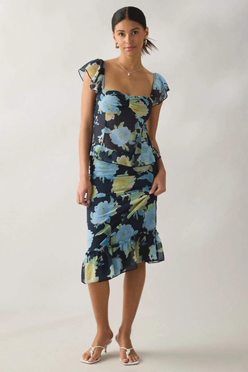 Motel Tarla Floral Chiffon Ruffle Midi Skirt