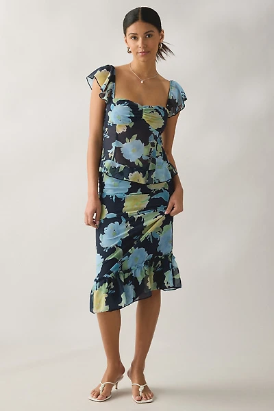 Motel Tarla Floral Chiffon Ruffle Midi Skirt