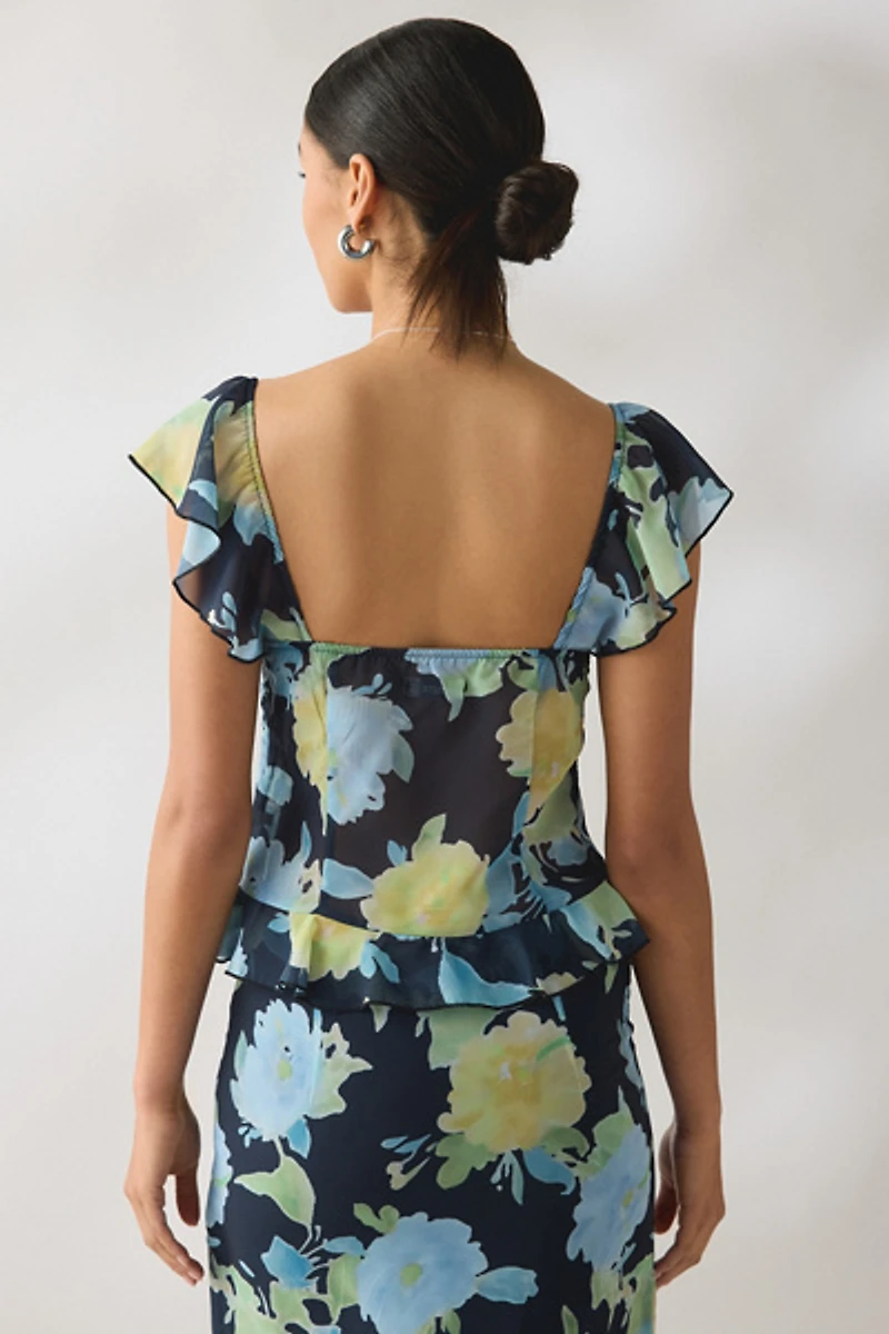 Motel Selita Floral Chiffon Flutter Sleeve Ruffle Top