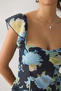 Motel Selita Floral Chiffon Flutter Sleeve Ruffle Top