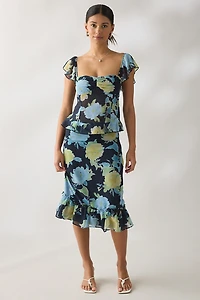 Motel Selita Floral Chiffon Flutter Sleeve Ruffle Top