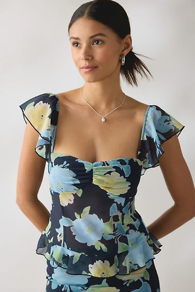 Motel Selita Floral Chiffon Flutter Sleeve Ruffle Top