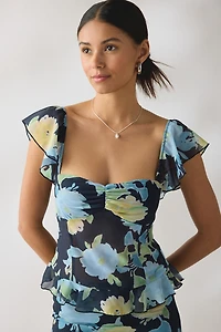 Motel Selita Floral Chiffon Flutter Sleeve Ruffle Top