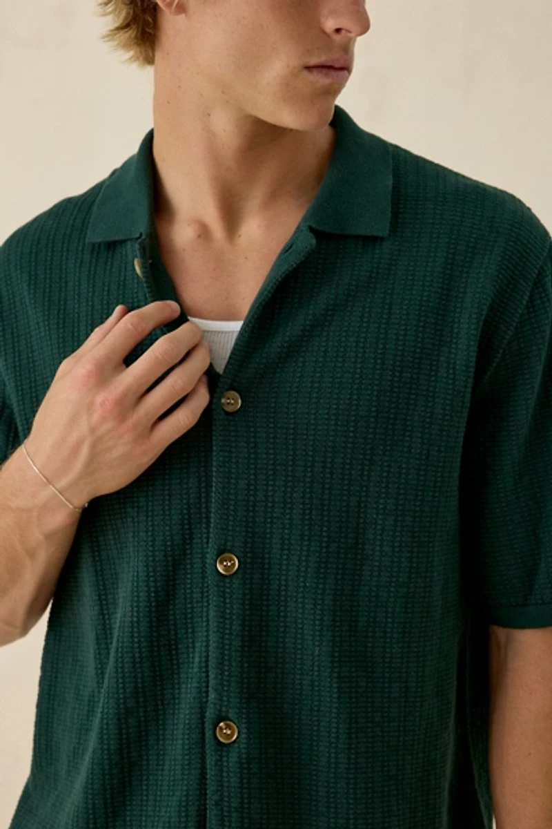 Rhythm Textured Knit Button-Down Short Sleeve Polo Sweater