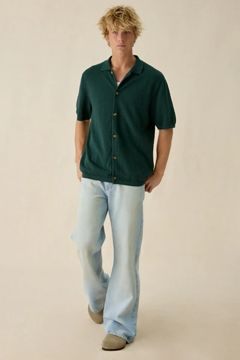 Rhythm Textured Knit Button-Down Short Sleeve Polo Sweater