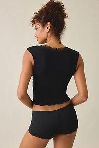 Out From Under Diana Plunging Lace Trim Cap Sleeve Top