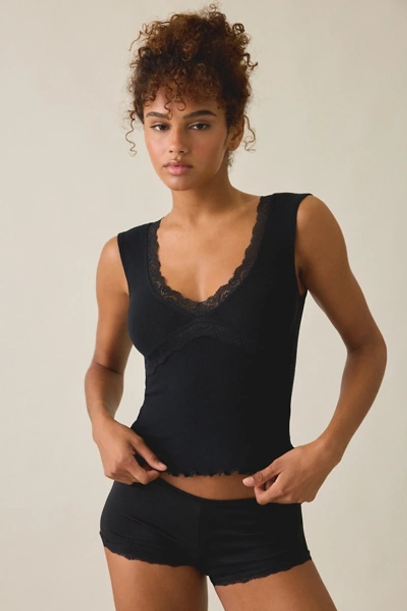 Out From Under Diana Plunging Lace Trim Cap Sleeve Top