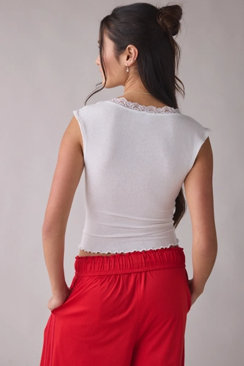 Out From Under Diana Plunging Lace Trim Cap Sleeve Top