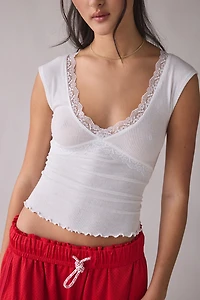 Out From Under Diana Plunging Lace Trim Cap Sleeve Top