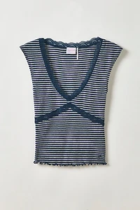 Out From Under Diana Plunging Lace Trim Cap Sleeve Top