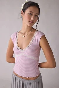 Out From Under Diana Plunging Lace Trim Cap Sleeve Top