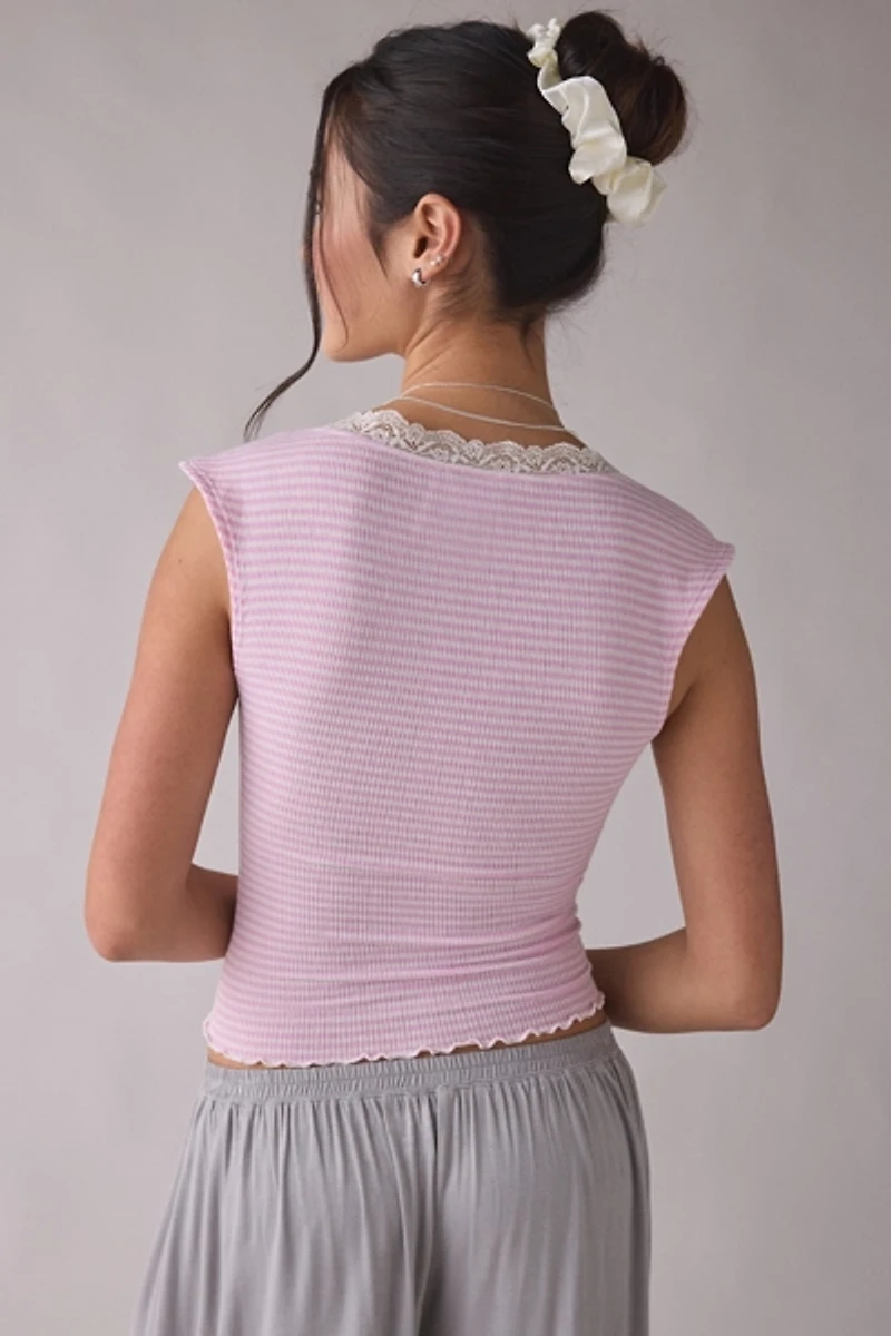 Out From Under Diana Plunging Lace Trim Cap Sleeve Top