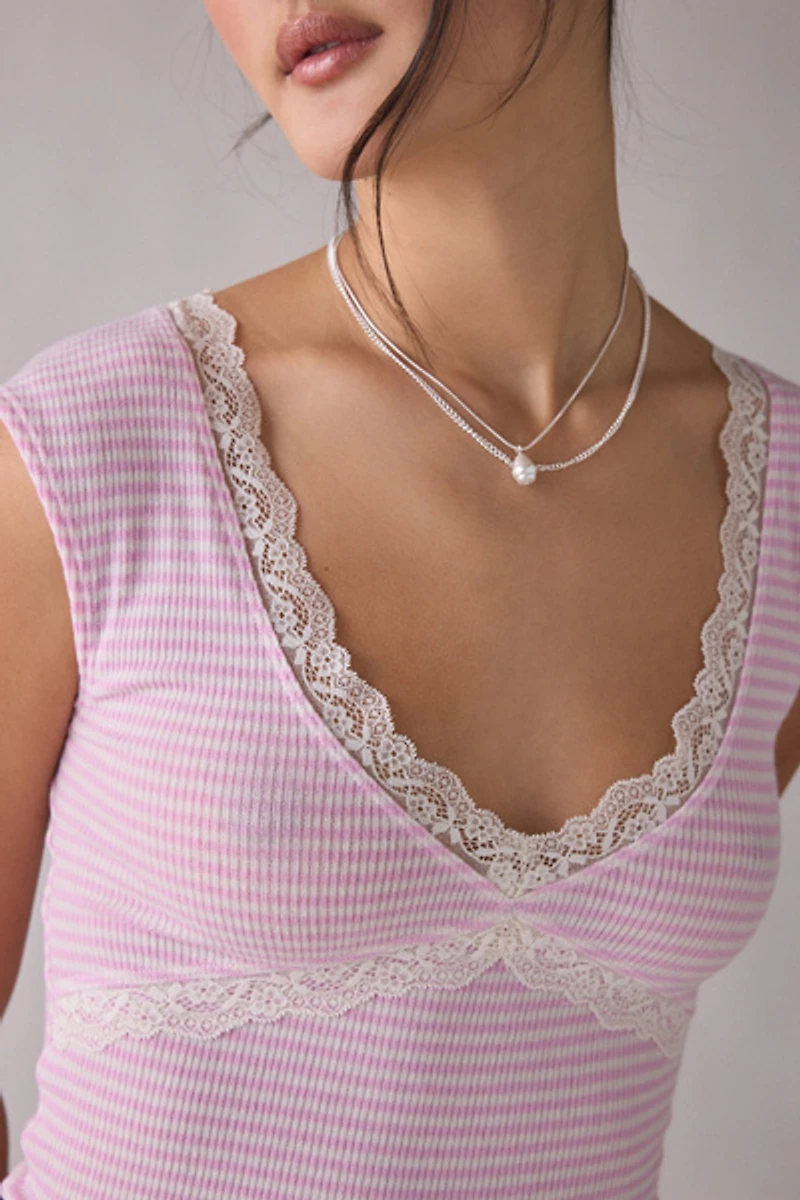 Out From Under Diana Plunging Lace Trim Cap Sleeve Top