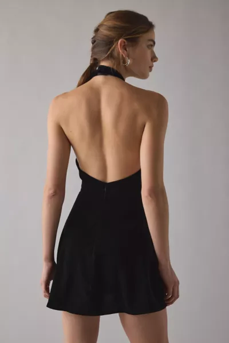 UO Past Midnight Velvet High Neck Halter Fit-And-Flare Mini Dress