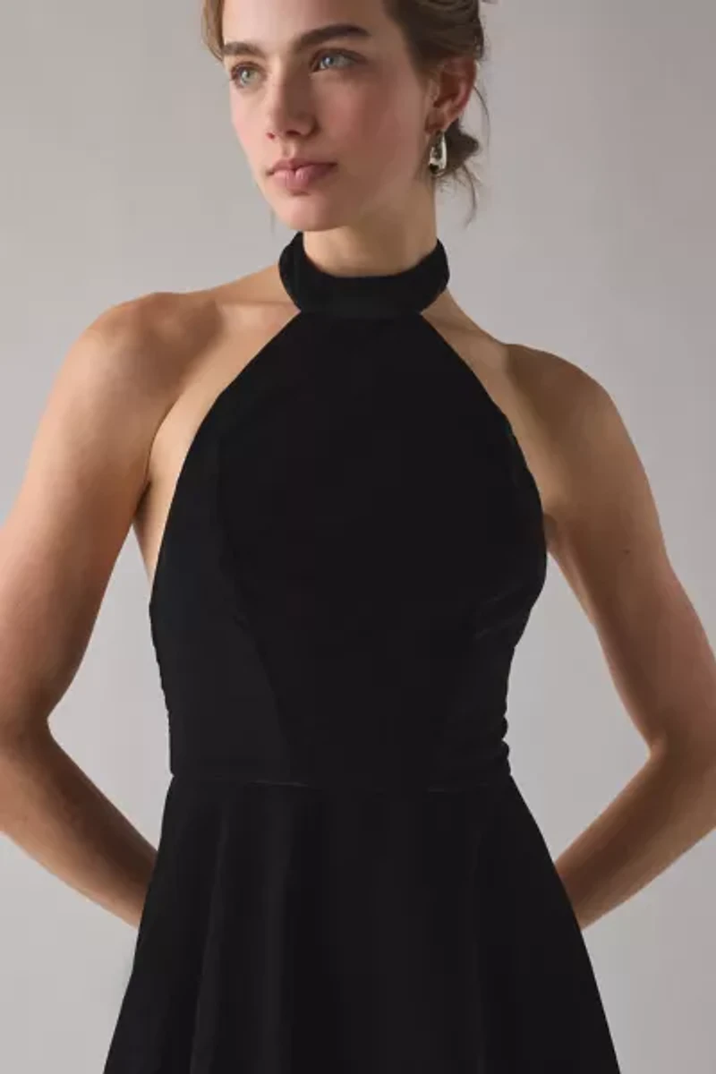 UO Past Midnight Velvet High Neck Halter Fit-And-Flare Mini Dress