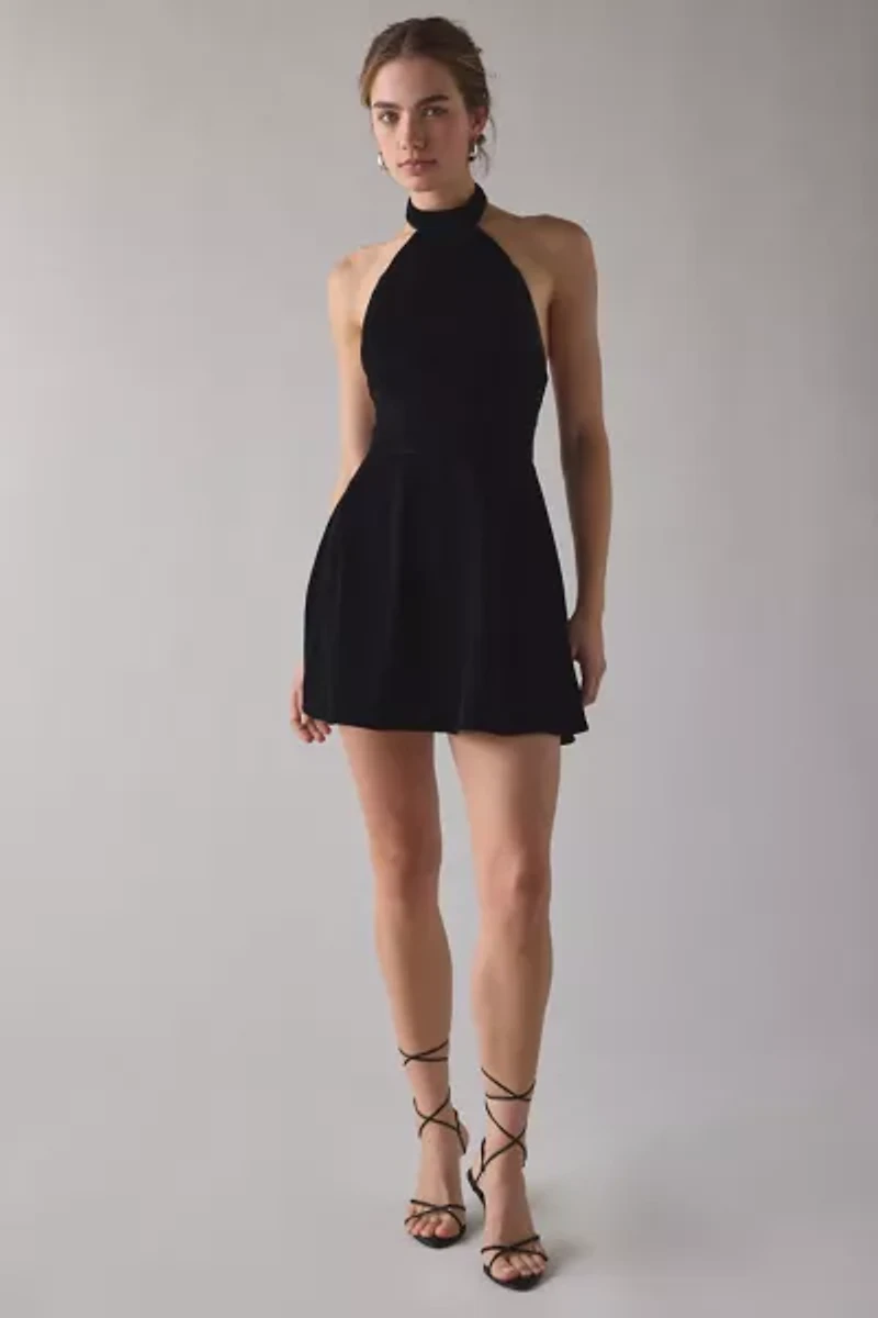 UO Past Midnight Velvet High Neck Halter Fit-And-Flare Mini Dress