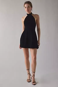 UO Past Midnight Velvet High Neck Halter Fit-And-Flare Mini Dress