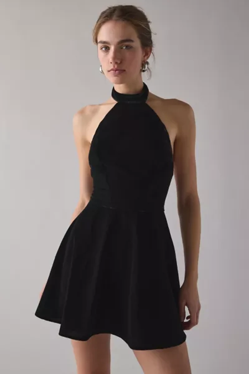 UO Past Midnight Velvet High Neck Halter Fit-And-Flare Mini Dress