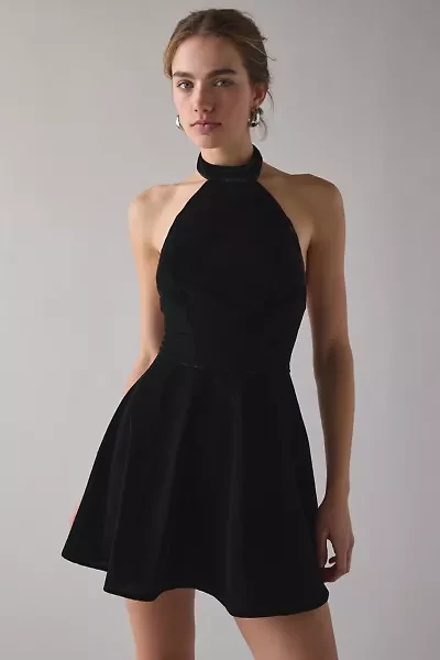 UO Past Midnight Velvet High Neck Halter Fit-And-Flare Mini Dress