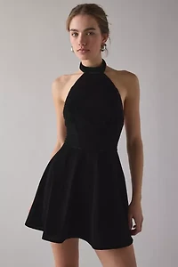 UO Past Midnight Velvet High Neck Halter Fit-And-Flare Mini Dress