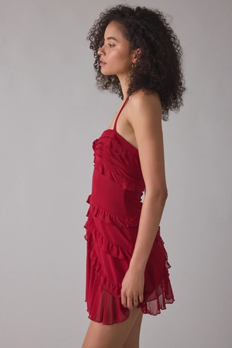 Zemeta Verry Berry Rose Ruffle Halter Neck Mini Dress
