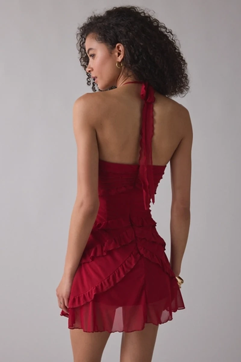 Zemeta Verry Berry Rose Ruffle Halter Neck Mini Dress