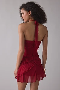 Zemeta Verry Berry Rose Ruffle Halter Neck Mini Dress