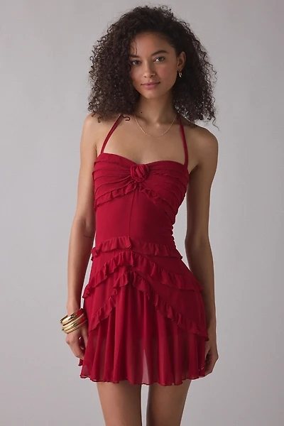 Zemeta Verry Berry Rose Ruffle Halter Neck Mini Dress